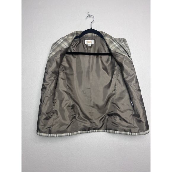 Talbots Women's Blazer Plaid Tan White Green Satin Size 8 3/4 Sleeve Cottagecore - Picture 3 of 10